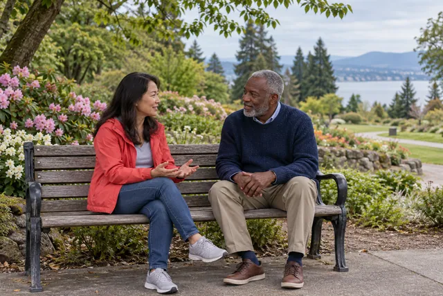 Two neighbors talking together on a bench in a community garden