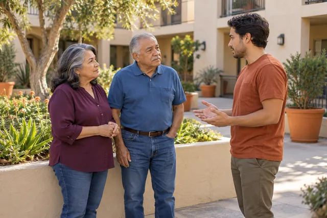Neighbors having a conversation beside planters in an apartment courtyard