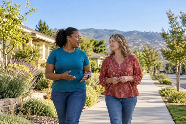 Two neighbors walking and talking along a residential sidewalk