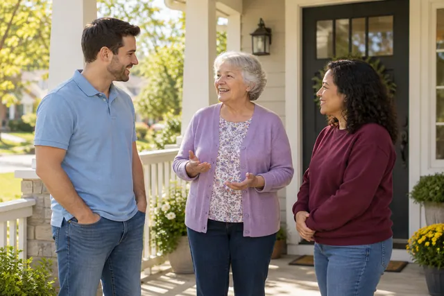 Three neighbors sharing a conversation on a front porch