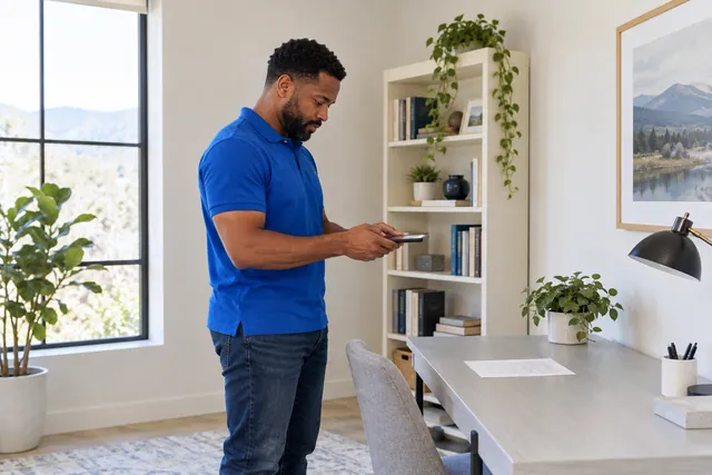 A man photographing a household document beside a bookshelf