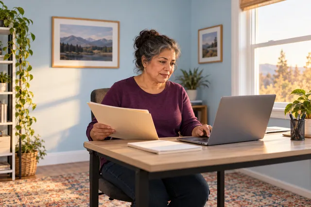 A woman organizing a folder and personal notes at a home-office desk