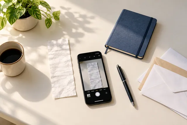 Phone, notebook and household papers arranged for personal record keeping