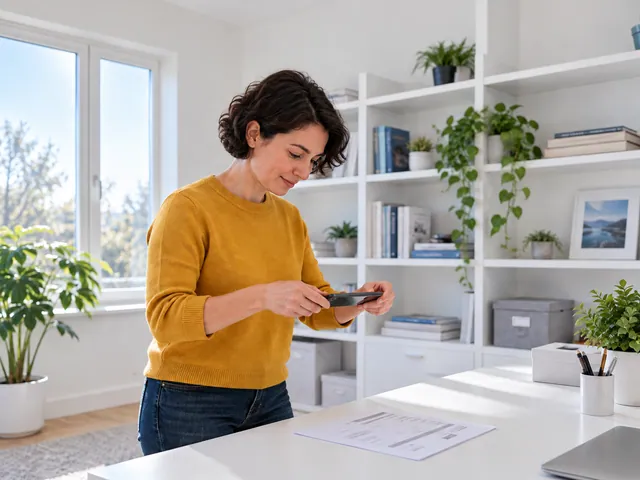 Woman in a yellow sweater photographing a document in her home study