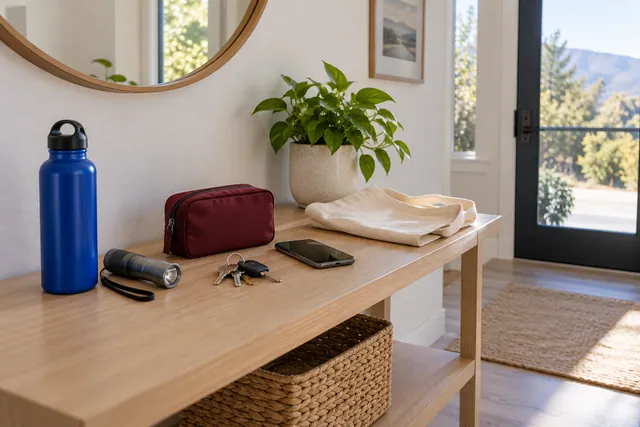 Water bottle, flashlight, pouch, keys and a phone arranged on an entryway shelf