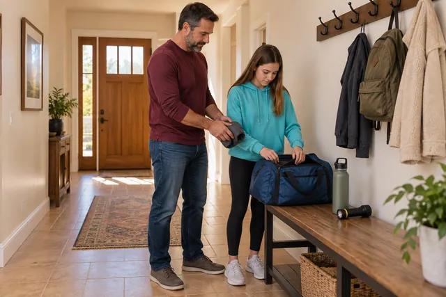 A father and daughter checking a household bag in a hallway