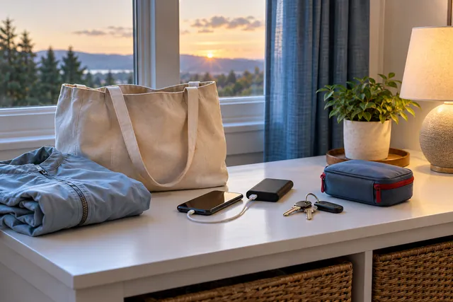A household tote, charging phone, keys and closed first-aid pouch on a console