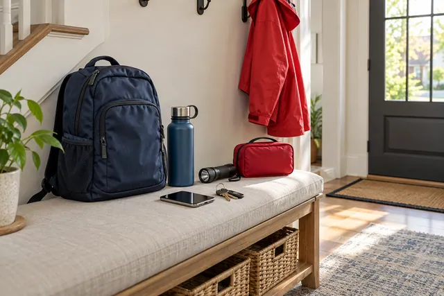Backpack, water bottle, flashlight, phone and keys arranged near a front door
